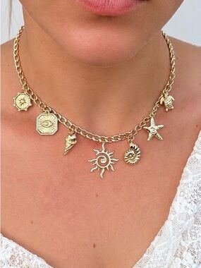 ✨ Gold Tone Ocean Charm Necklace | Sun Starfish Turtle Shell
